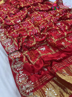 pallu detailing of red khaddi gota patti saree 