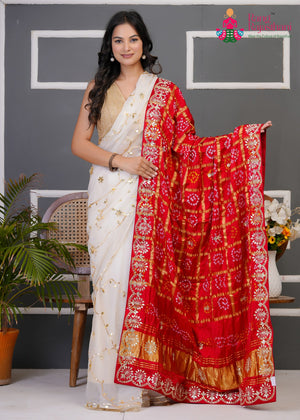 Red Semi Gaji Silk Hand Tie Dye Bandhani Gharchola Dupatta for Festive Celebration | New Season