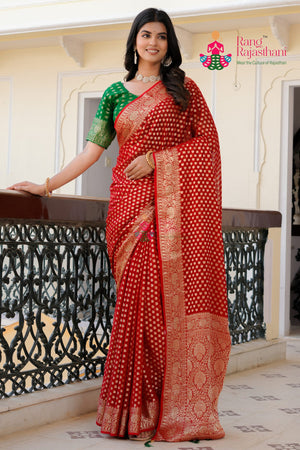 Red Soft Georgette Banarasi Zari Weave Saree for Karwa Chauth | Ethnic Luxe