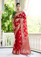 Red Pure Georgette Traditional Puja saree with Zari, Butti and Rich Pallu from Rang Rajasthani