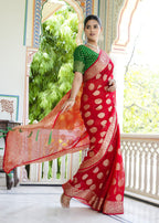 Red Pure Georgette saree with Zari, Butti and Rich Pallu side drape view