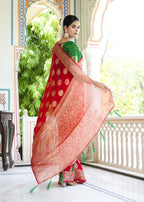 Red Pure Georgette saree with Zari, Butti and Rich Pallu back view