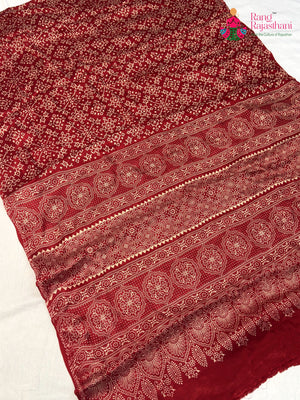 Red Modal Ajrakh Print Saree for Festive Celebration | Shop Online