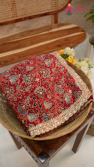 Red Modal Ajrakh Print Saree for Wedding Reception | Designer Edit
