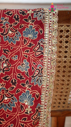 pallu detailing of red modal ajrakh print saree
