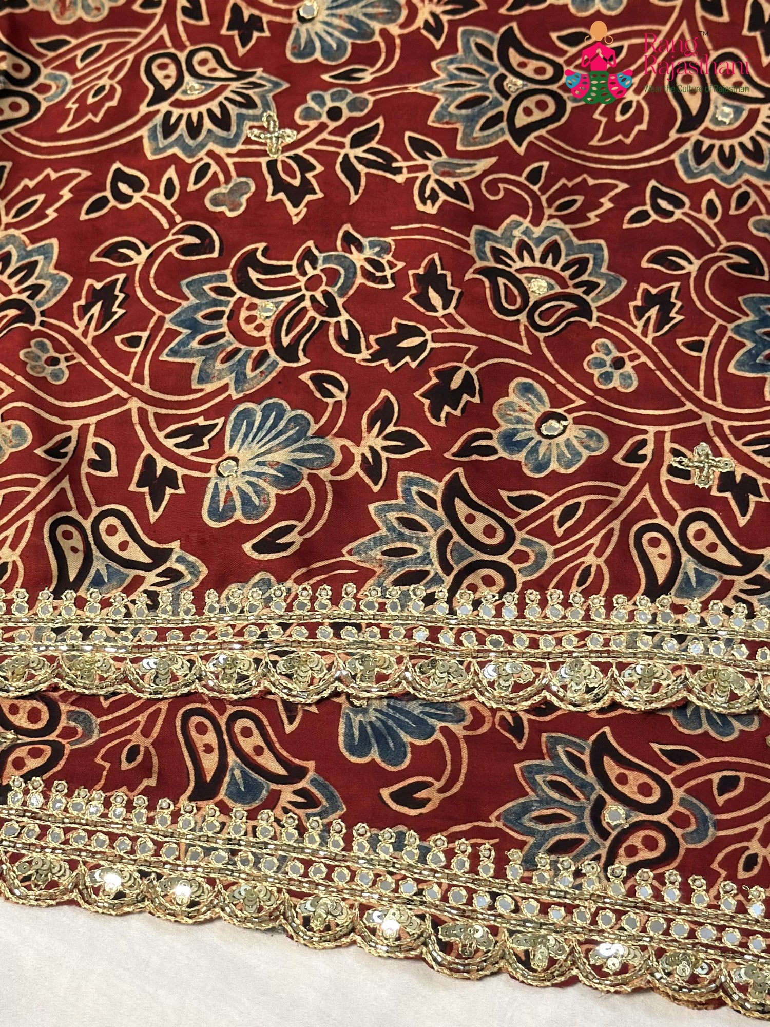 complete look of red modal ajrakh print saree