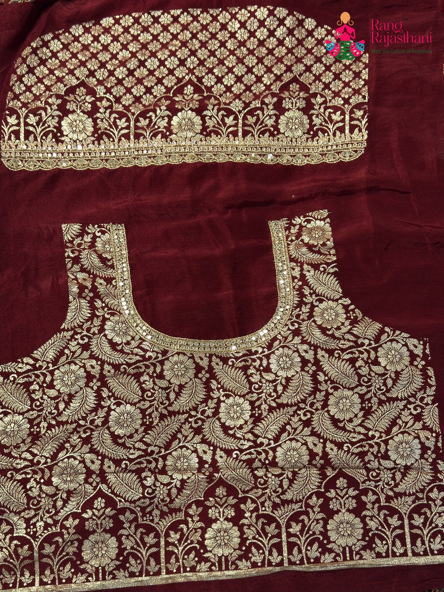 color and weave of red modal ajrakh print saree