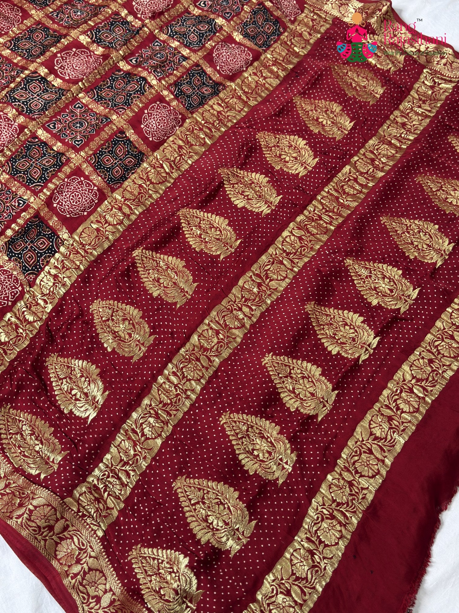 design pattern of red modal banarasi zari weave gharchola saree