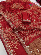 close up detailing of red modal gota patti saree 