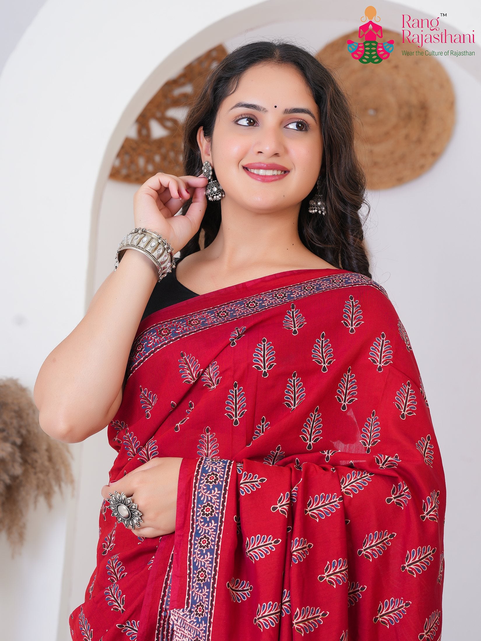 Red Cotton saree with Printed close up detailing