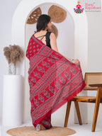 Red Cotton saree with Printed back view