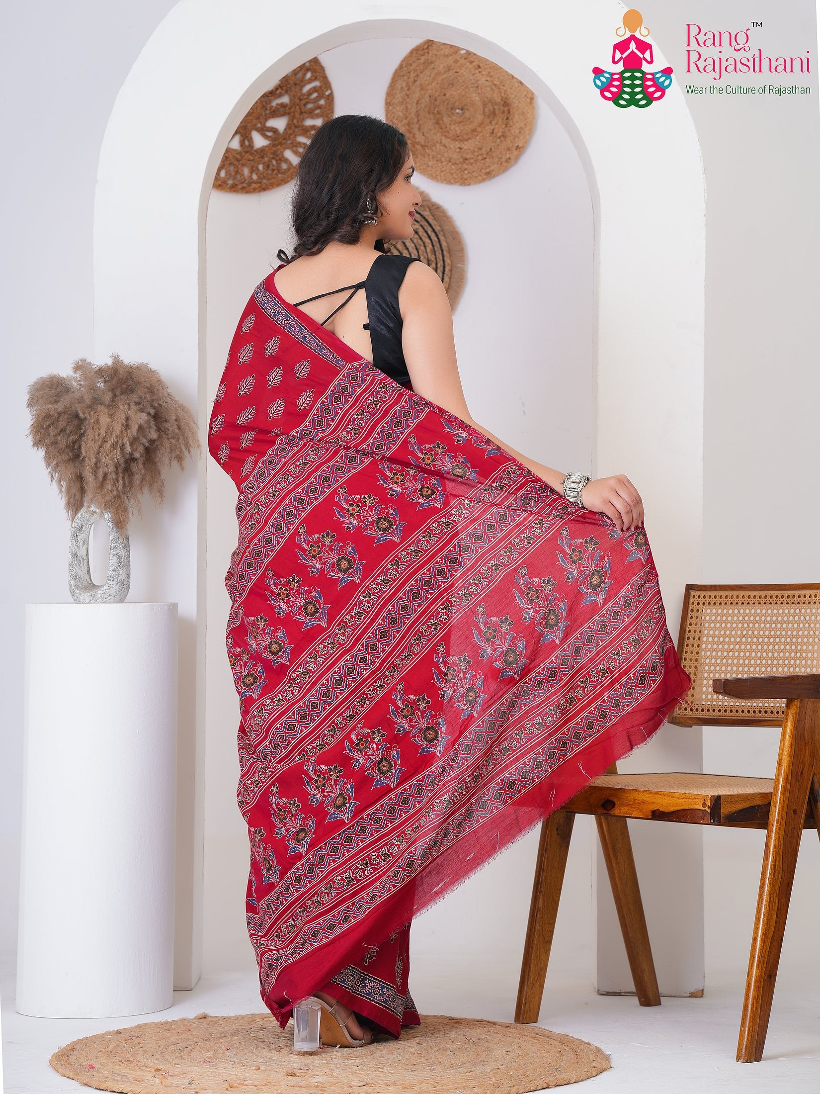 Red Cotton saree with Printed back view