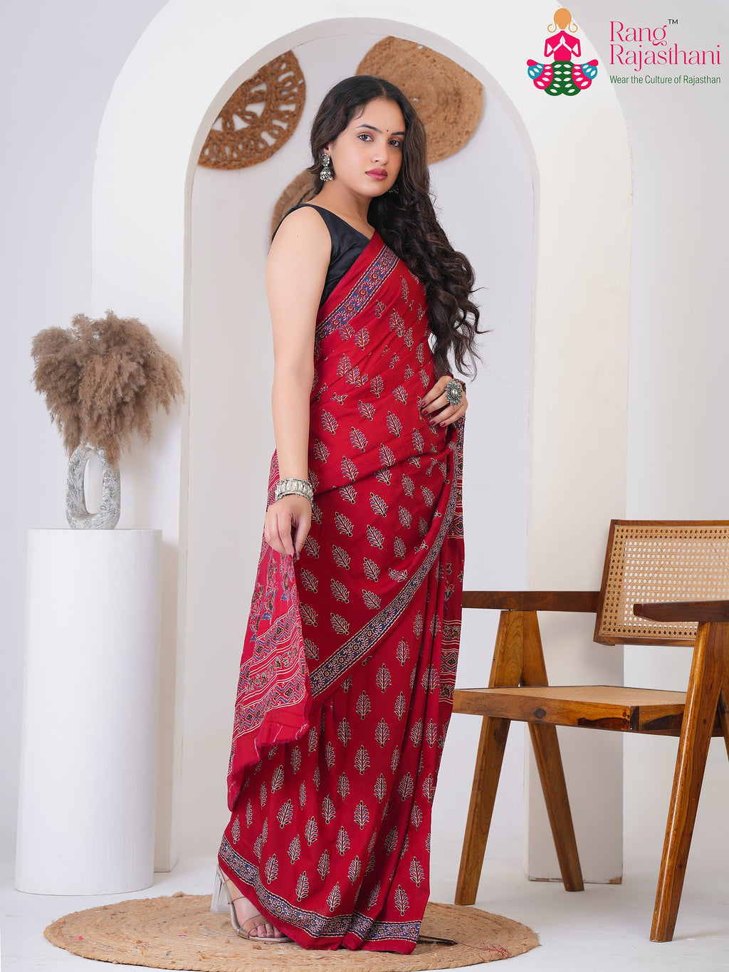 Red Cotton saree with Printed pleats view
