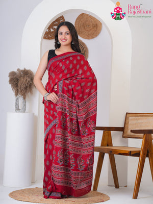 Red Cotton Block Print Saree for Casual | Party Wear