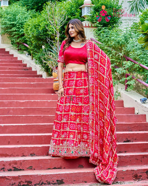 Red Pure Gaji Silk Hand Tie Dye Bandhani Gharchola Lehenga Chunni for Sangeet Night | Luxe Drape