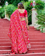 Red Pure Gaji Silk saree with Gottapatti Ghatchola and Bandhani back view