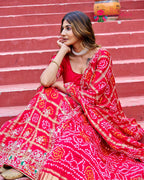 Red Pure Gaji Silk saree with Gottapatti Ghatchola and Bandhani close up detailing