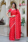Red Pure Russian Silk Hand Embellishment Saree for Wedding Guest | Exclusive Pick