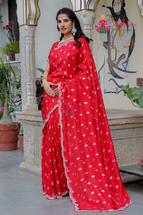 Red Pure Russian Silk Hand Embellishment Saree for Wedding Guest | Stylist Pick main-image