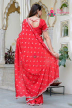 Red Silk saree with Hand Work back view