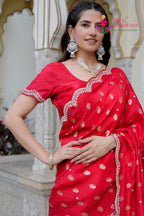Red Silk saree with Hand Work close up detailing