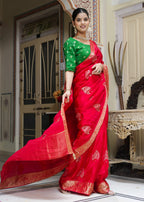 Red Pure Ho Silk saree with Micro Sequence side drape view