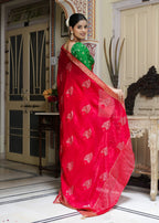 Red Pure Ho Silk saree with Micro Sequence back view