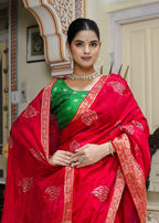 Red Pure Ho Silk saree with Micro Sequence close up detailing