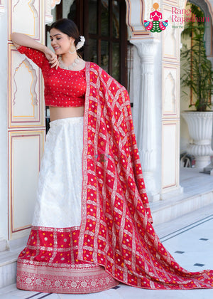 White Pure Dola Silk Hand Tie Dye Bandhani Faag Lehenga Chunni for Wedding Guest | Bridal Wear