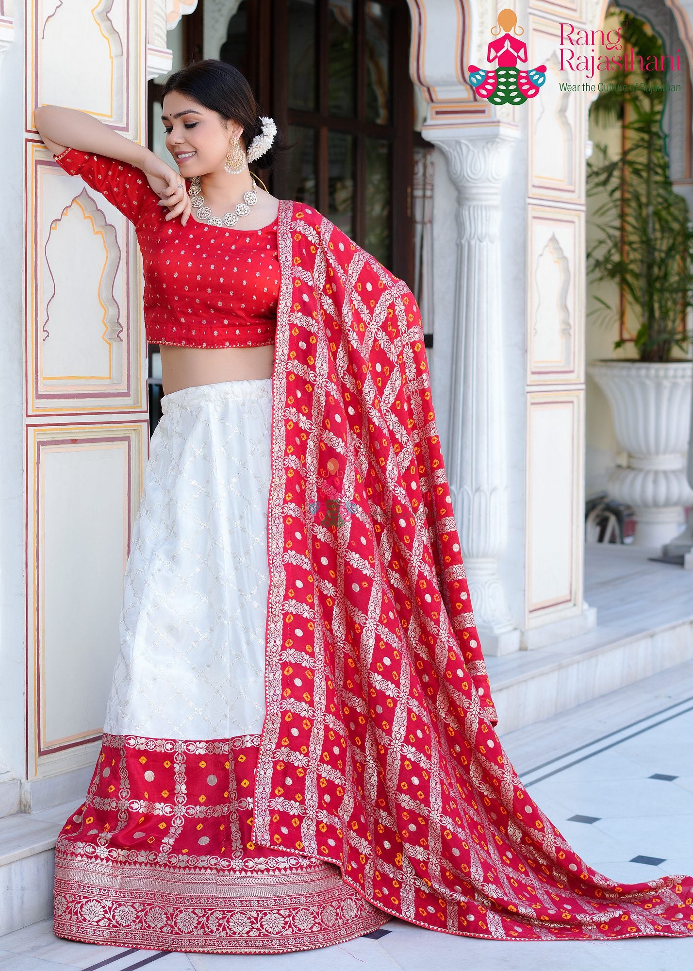 red and white traditional outfit - Lehenga chunni | Rang Rajasthani 