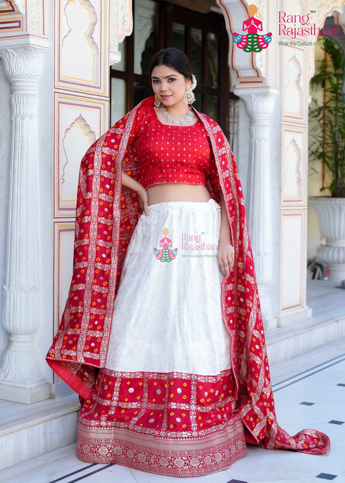red and white traditional outfit - Lehenga chunni | Rang Rajasthani 