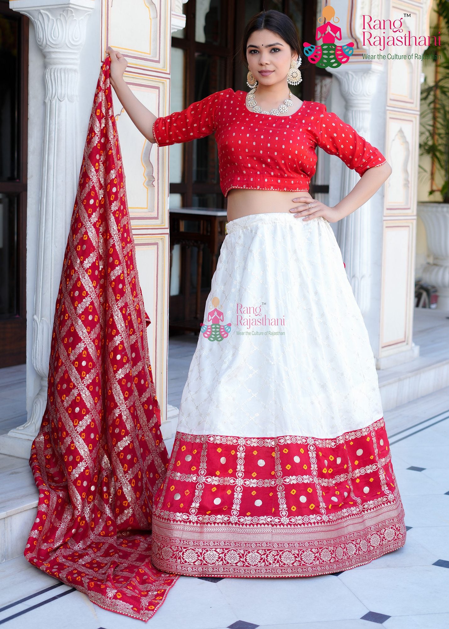 red and white traditional outfit - Lehenga chunni | Rang Rajasthani 