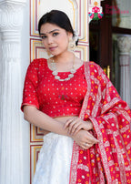 Red White Pure Russian Silk saree with Zari Work and Ghatchola Bandhani close up detailing