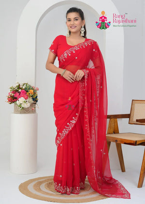 Red Art Chiffon Zari Embroidery Saree for Karwa Chauth | Reception Pick