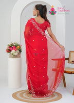 Red Synthetic Chiffon saree with Zari and Pita Work back view