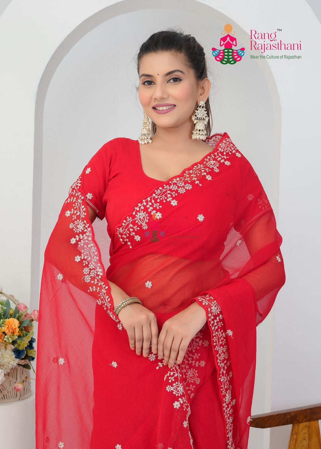 Red Chiffon Saree - Party Ready