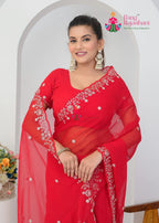 Red Synthetic Chiffon saree with Zari and Pita Work close up detailing