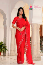 Red Synthetic Party saree with Figure Work from Rang Rajasthani