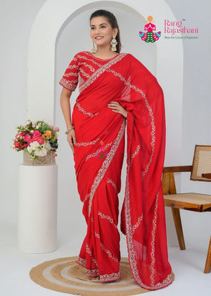 Red Art Silk Zari Embroidery Saree for Wedding Guest | Soft Drape