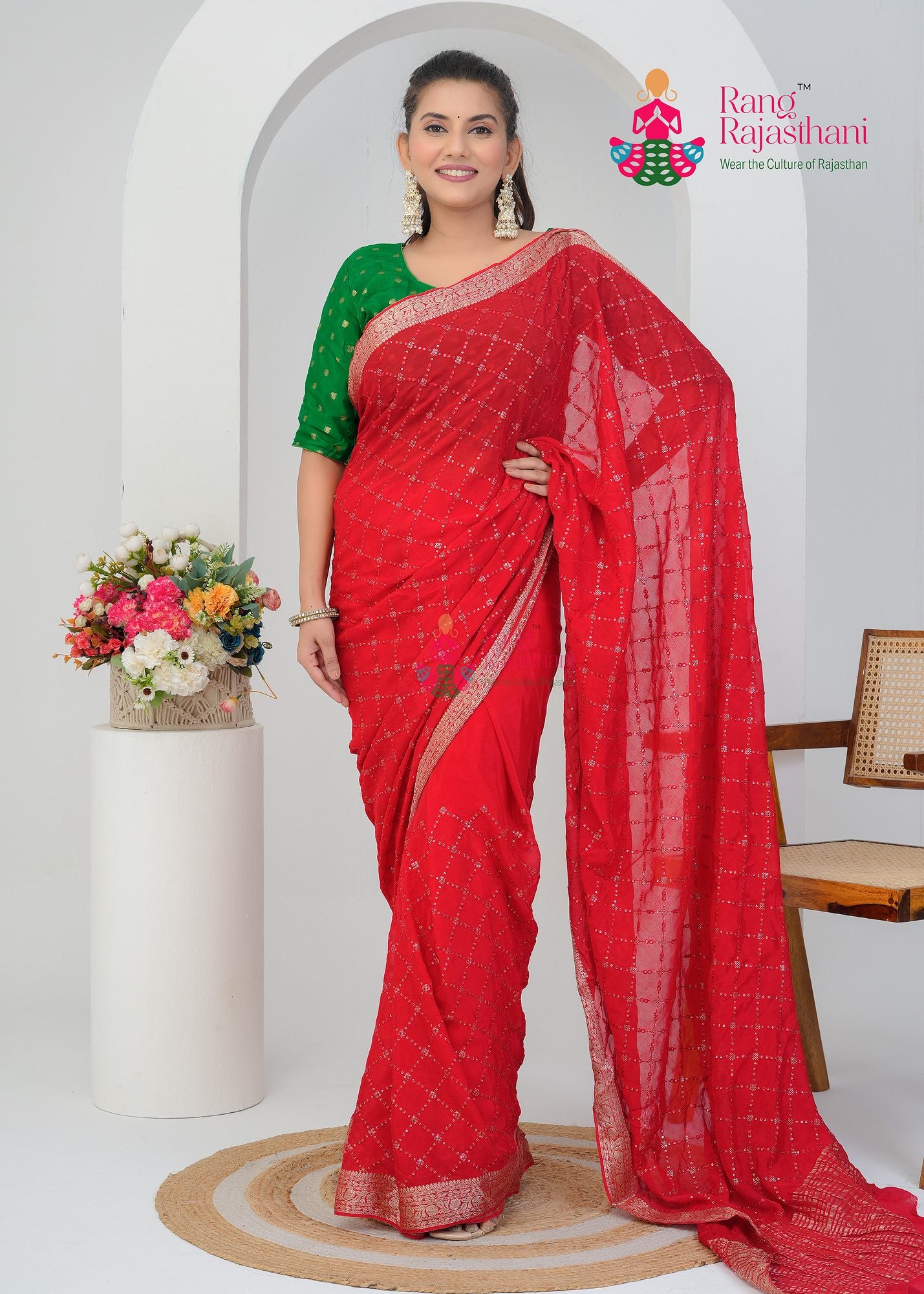 Red Chinnon Saree - Party Ready