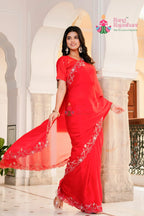 Red Synthetic saree with Figure Work side drape view