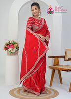 Red Soft Synthetic Silk saree with Zari Work side drape view
