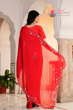 Red Synthetic saree with Figure Work back view