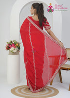 Red Soft Synthetic Silk saree with Zari Work close up detailing