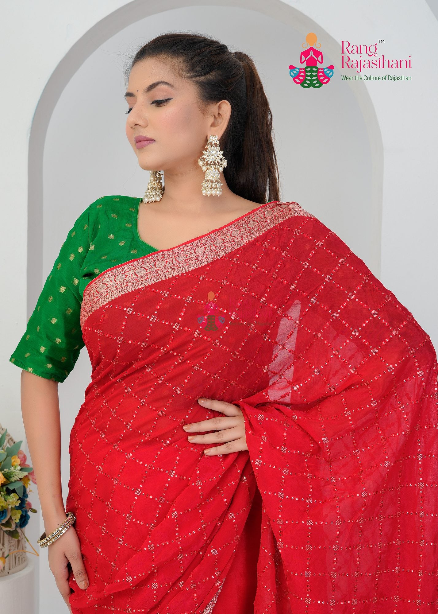 Red Chinnon Saree - Party Ready