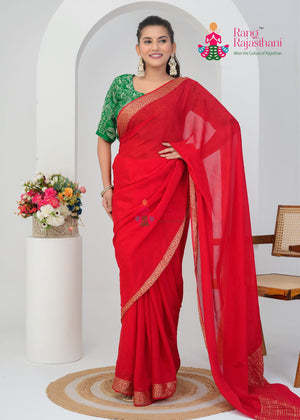 Red Chinnon Plain Saree for Karwa Chauth | New Arrival