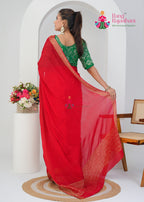 Red Pure Chinon saree with Zari Work Border back view