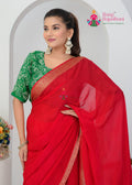 Red Chinnon Plain Saree for Karwa Chauth | New Arrival