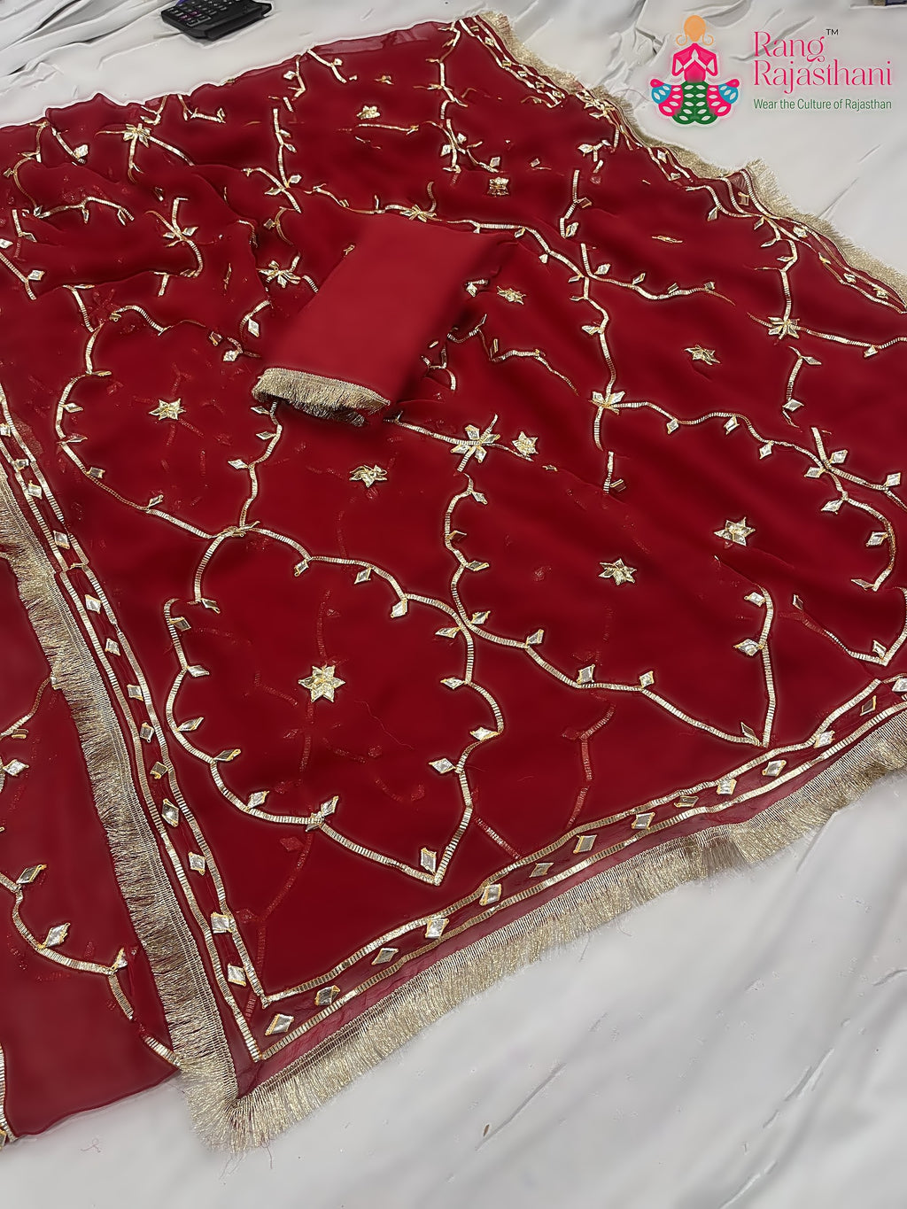 Red Pure Chiffon Gota Patti Work Saree : Warm Grace