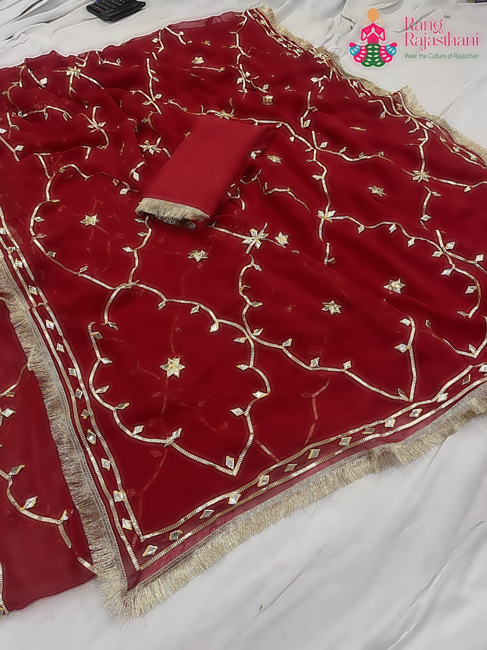 Red Pure Chiffon Gota Patti Work Saree : Warm Grace